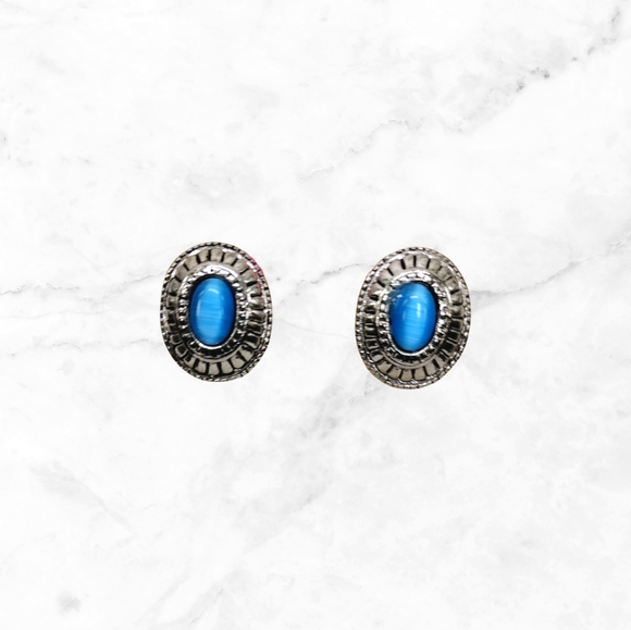 NEW Southwest Inspired Oval Silver and Light Blue Earrings - Picture 3 of 9